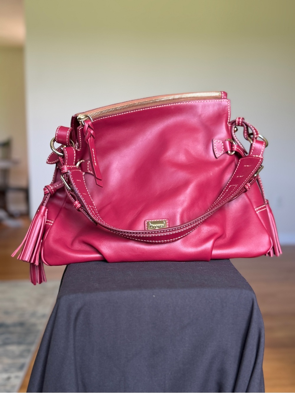 Dooney & Bourke Red Leather Shoulder Bag with Tassels & matching wallet set